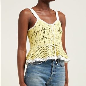 Staud Shrimp Lace-Up Cotton-Crochet Peplum Top - daffodil yellow